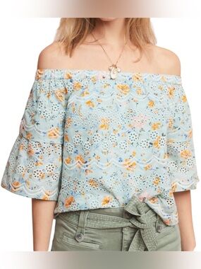 NEW Anthropologie Laia Floral Embroidered Top Off Shoulder Blouse Cottagecore XS